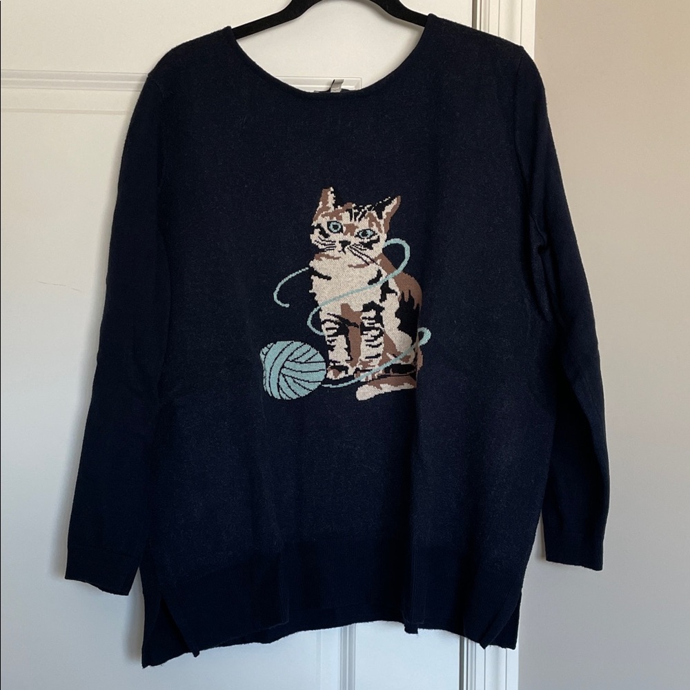 Navy Oversized Sweater with Cat Design
